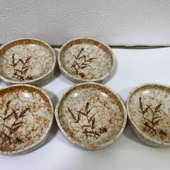 【5435】志野焼 秋草 取り皿 取皿 漬物皿 中鉢1客 小鉢5客 醤油さし 薬味皿 セット 箱付き 未使用の画像
