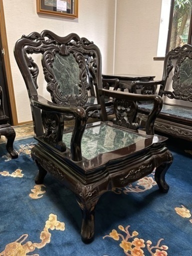 受付終了　値下げ★黒檀と大理石の応接8点セット