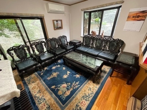 受付終了　値下げ★黒檀と大理石の応接8点セット