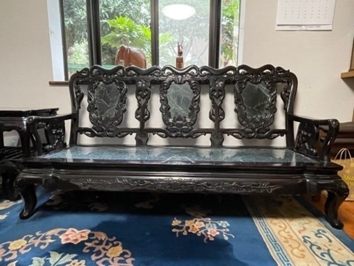 受付終了　値下げ★黒檀と大理石の応接8点セット