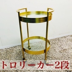 【F】アンティーク　トロリーカー　2段　収納ラック　飾り物　ガラス張り