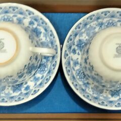 【中古品】ミントン　シャリマーカップ＆ソーサー　ボーンチャイナ　ブルー花柄　2客セットの画像