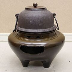 茶道具 藤井宗喜作 鉄地真形釜 唐銅切合朝鮮風炉 連名の