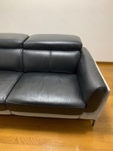電動リクライニングソファ 本革 ブラック×グレー (黒×灰色)  ワタリジャパン