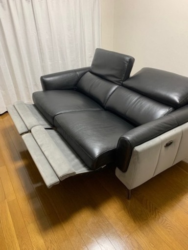 電動リクライニングソファ 本革 ブラック×グレー (黒×灰色)  ワタリジャパン