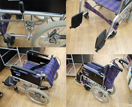 【購入者決定済み】カワムラサイクル 車椅子 折りたたみ 16インチ アルミ 背折れ 標準型 介護用 車いす KA302SB 紺チェック