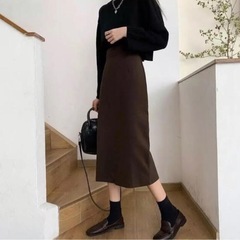 木曜まで！韓国　★ ウエストボタン　タイトウールスカートの画像