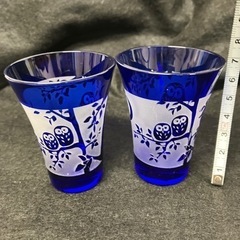 切子グラス　フクロウ　2客　青　お猪口・ぐい呑みの画像