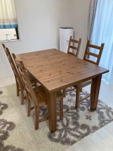 IKEA北欧パイン材収縮式ダイニングテーブル イス4脚セット