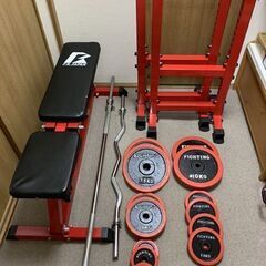 ③ 状態良好 ファイティングロード/FIGHTING ROAD フラットインクラインベンチ－ＴRUST+セーフティガード－TRUST+ラバープレート60Kg+バーベルWシャフト 1本＋バーベルシャフト 1本+ダンベルシャフト 2本 手渡し希望/自社配送可能（配送エリアについてお問い合わせください）