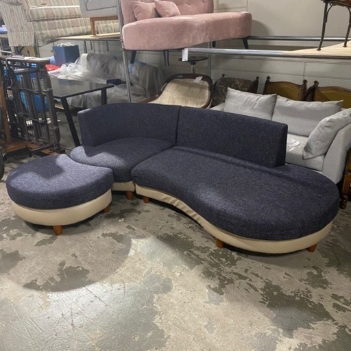 10/28終HN 3人掛けソファ オットマン付き 3P 3シーター 布張り ブルー L字 ソファ 菊倉-