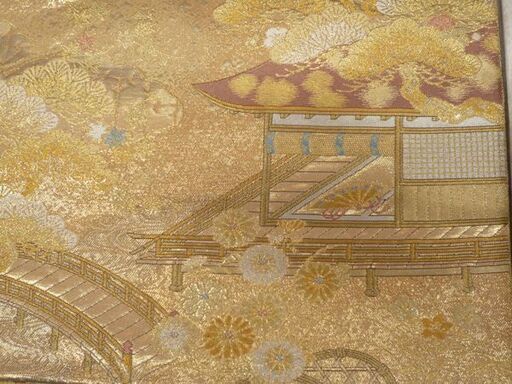 瀞本金箔袋帯 西陣 長嶋成織物 金彩御殿春秋文 蒔絵 帯 六通 桐箱入り 長さ約217.5cm 幅約31cm 和装 中古 苫小牧西店
