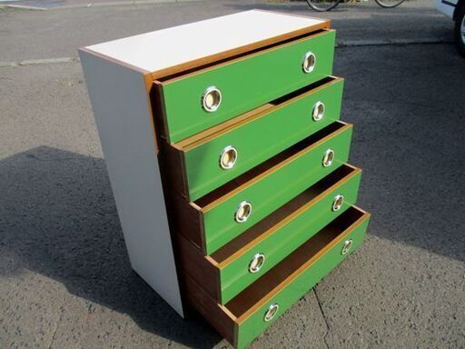 昭和レトロ 木製5段チェスト 幅75×高さ89.5×奥行35.6cm 緑 スペース