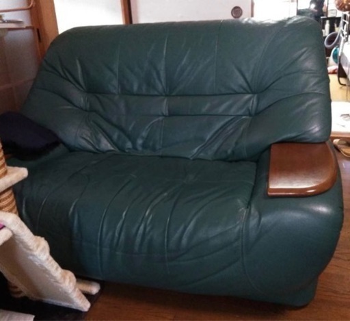 ◆高級本革　2人掛けソファ◆グリーン×木