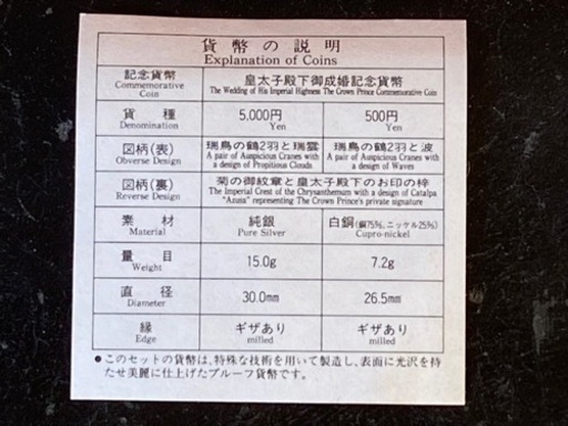 【プルーフ銀貨】【新品】皇太子殿下御成婚記念プルーフ貨幣セット　純銀銀貨白銅貨幣