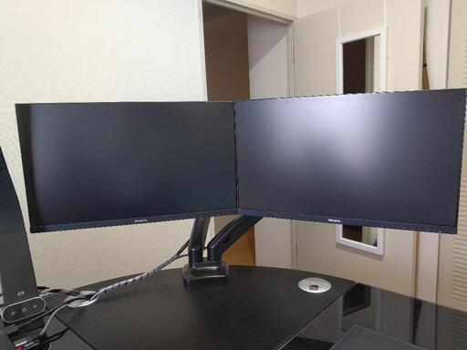 デュアルモニター（Philips 241E1D、残保証期間3.5年）とアーム（UZZ-AR2）とHDMIケーブル2本のセット