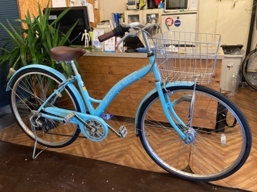 【前後タイヤ新品！】LEDオートライト　6段変速　26インチ自転車　水色