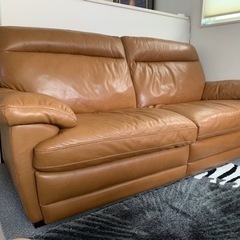 中古　電動本革リクライニングソファ　3人掛け　キャメル