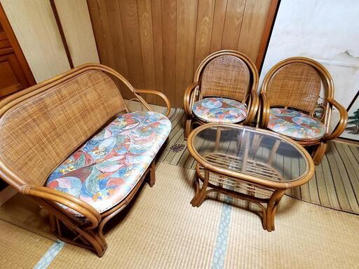 籐家具　ラタン　椅子　テーブル　応接4点セット