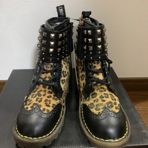 レースアップブーツ マーチン ヒョウ柄 毛皮調ブーツ