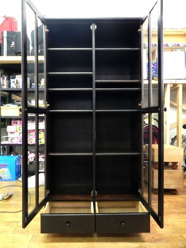 民芸調本棚 食器棚 幅86×奥43×高180cm 伝統工芸 家具 収納 レトロ ブックラック キャビネット 札幌市 厚別区