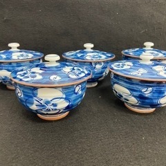蓋付き湯呑み　5個セット　勲山　染め付け　梅模様　中古品