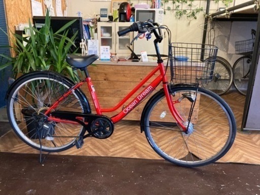 【前後タイヤ新品！LEDオートライト】6段変速　26インチ自転車　レッド