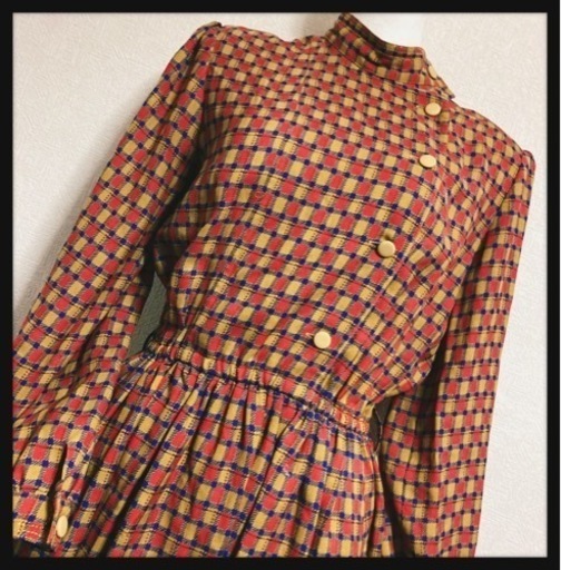 ご購入者様決定 昭和レトロ ヴィンテージ 総柄 ブロックチェック ワンピース 黄色オレンジ系