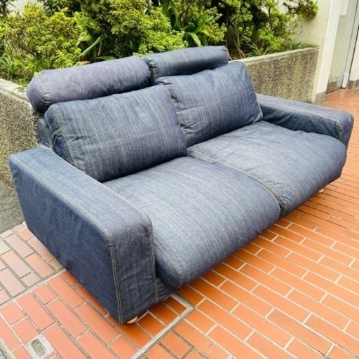 【売約済み】【実質表示価格より２０％お値引き！！】　【12万円】　無印　無印良品　デニム　ソファ　ソファー　2シーター　2.5シーター　2人掛け　2.5人掛け　ハイバック　ブルー　MUJI  綿　綿デニム　フェザー　ポケットコイル　ヘッドレスト　検　3人掛け　3シーター