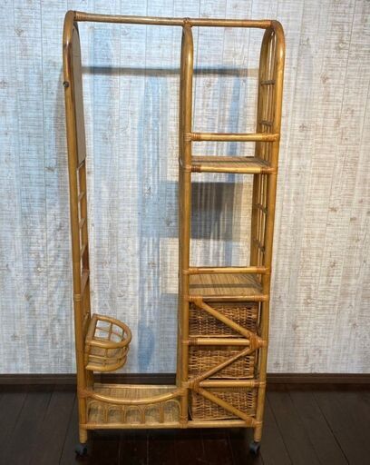 【ラタン家具】ラタン　藤　ハンガーラック　衣装収納　鏡付き　バ221112-3