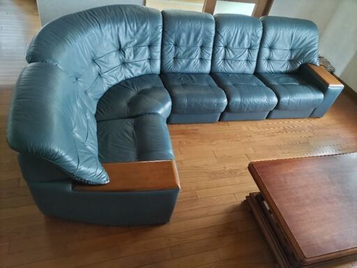 高級ソファー★L字 革ソファー ターコイズブルー