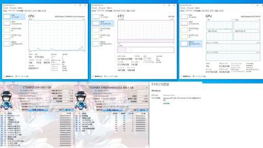 自作PC　Ryzen 3600X　RX5700XT　16GB　Windows10pro　M.2 SSD500GB　SSD480GB　850W 電源　簡易水冷　ゲーミングPC