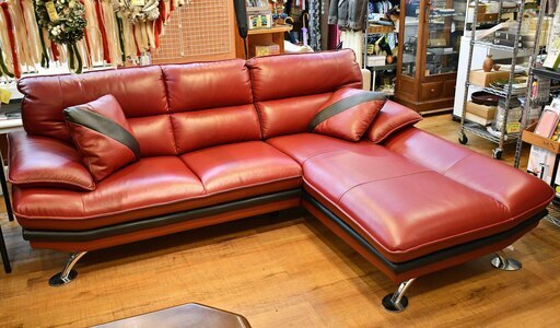 ●近郊格安配送可能♪●ニトリ　本革　レザー　カウチソファ●相模原　横浜　神奈川●ロゾ4　レッド　赤　ほぼ未使用●
