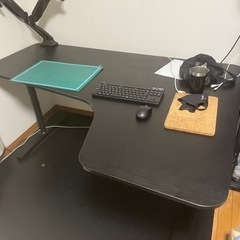 デスクL型　グリーンハウスダブルモニターアーム　バウヒュッテマット