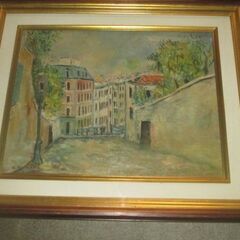 ■松岡延子画　油絵　ヨーロッパの街角（仮題）　F１０号　木製ガラ...