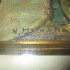 ■松岡延子画　油絵　ヨーロッパの街角（仮題）　F１０号　木製ガラス付額装　サイン入りの画像