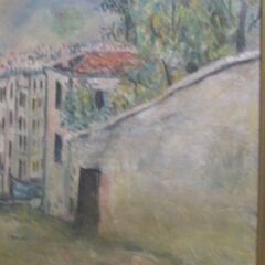 ■松岡延子画　油絵　ヨーロッパの街角（仮題）　F１０号　木製ガラス付額装　サイン入りの画像