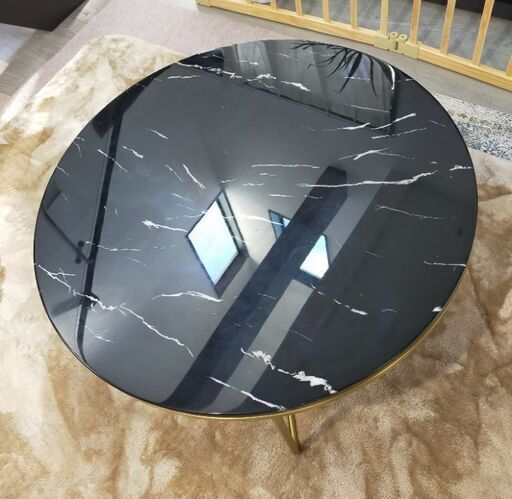 【再々値下げ】大理石調 鏡面 丸型 センターテーブル ローテーブル ブラック ゴールド
