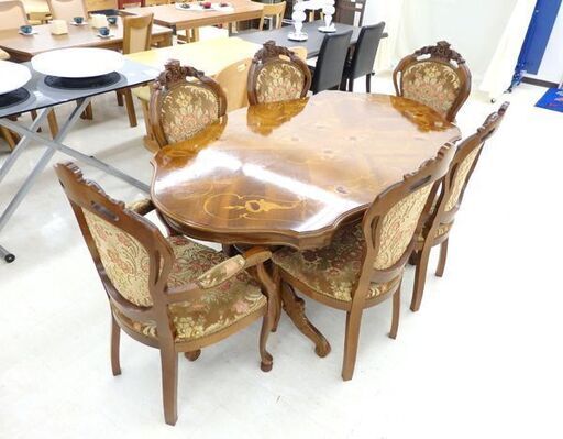 イタリアンクラシック ダイニングセット チェア6脚 象嵌細工 紋ビロード