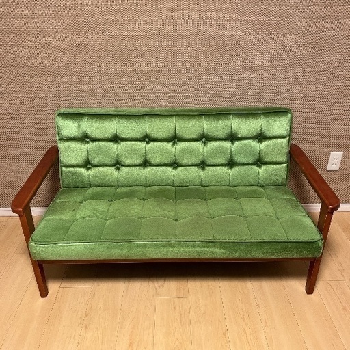 美品 ナチュラルグリーン ベロア素材 トリプルソファ