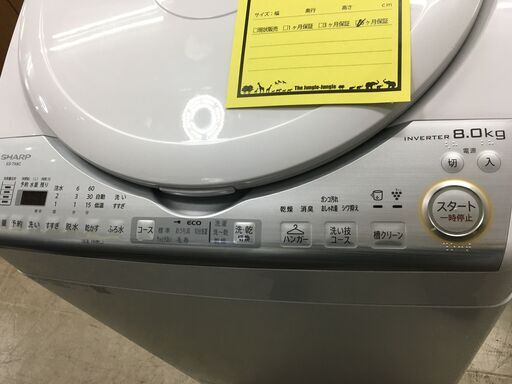 シャープ SHARP 洗濯機 ES-TX8C-W 2019年製 縦型洗濯乾燥機  洗濯8.0kg 乾燥4.5kg 穴なしサイクロン洗浄