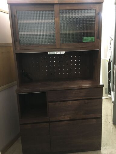 隈木工所 食器棚 キッチンボード モイス機能付 おしゃれ 幅100 キッチン 収納 木製 北欧 引き出し ガラス 棚 オープンボード ハイタイプ インテリア 棚 引き戸タイプ スライド プロバンス 100OPボード ブラウン クリーニング済 堺市 石津【ジャングルジャングルサカイ石津店】