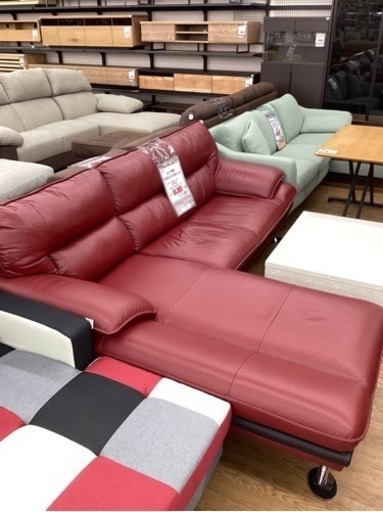 KK-99【新入荷　リサイクル品】ニトリ　ロゾ　本革カウチソファ2点セット　赤
