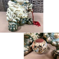 八栄窯 須栄義造 九谷焼 獅子 狛犬 緑獅子 玉獅子 緑彩 金襴