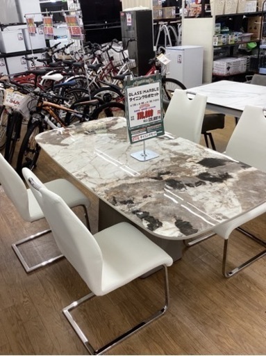 KK-108【新入荷　アウトレット】GLASS MARBLE ダイニング5点セット　白イス