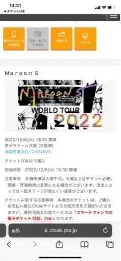 マルーン5 WORLD TOUR2022コンサートチケット2枚セット