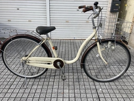 【26インチ自転車】変速なし　ベージュ／ブラウン　前タイヤ　大きめ前かご　鍵新品❗️若林自転車　膳所店　SALE中❗️