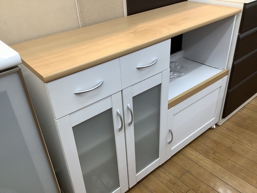 キッチンカウンター　3枚扉　引き出し付き　ホワイト×ナチュラル