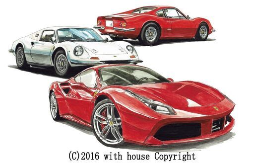 GC-204 フェラーリディーノ/488 限定版画 直筆サイン有 額装済 作家 平右ヱ門