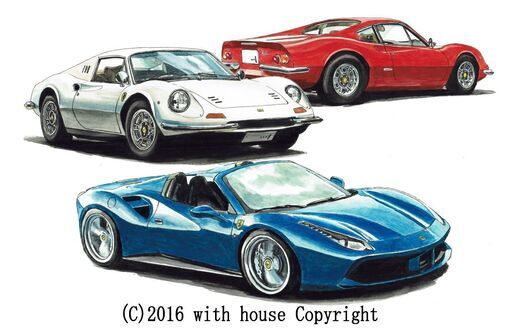 GC-205 フェラーリディーノ/488 限定版画 直筆サイン有 額装済 作家 平右ヱ門
